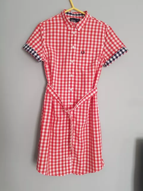 FRED PERRY RED White Gingham Check Belted Shirt Dress Size 8