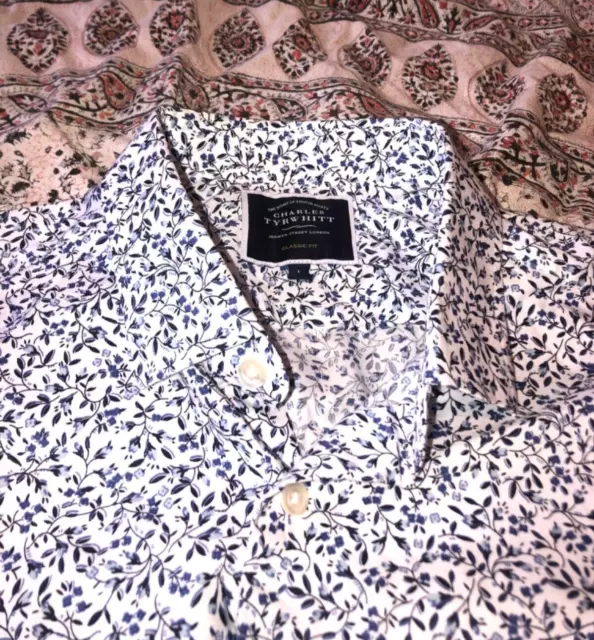 CHARLES TYRWHITT - Classico - Bianco - Blu Floreale - Polsino con bottoni - Camicia - L