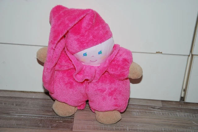 Doudou Lutin poupée grelot rose bonnet et collerette AJENA