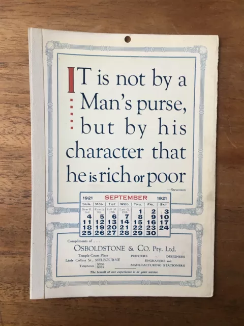 Antique September 1921 Calendar Osboldstone Co Melbourne Printer Stevenson