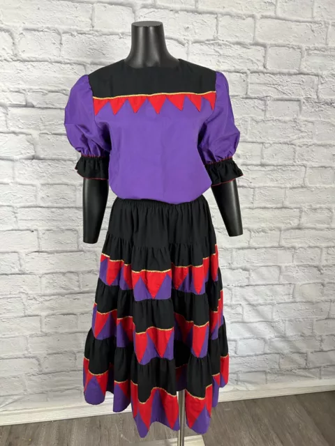Vtg 90s Square Dance Purple Red Black Puffed Sleeve Blouse Tiered Skirt Set M