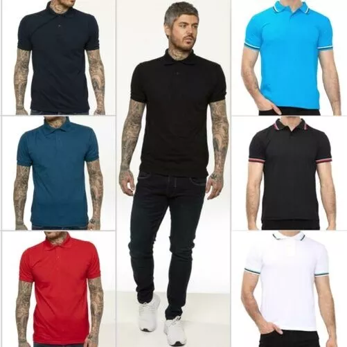 Mens Polo Shirt Pique T-Shirt Nuova Golf Lavoro Casual Tinta Manica Corta Top