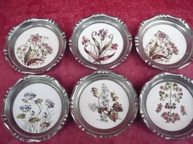 6 Hermosa, vieja Base, Porcelana Con Borde de Metal, Decoración Flor