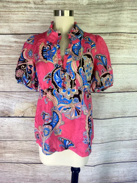 BANANA REPUBLIC Top M Colorful Retro Print Silk Ruffle Puff Sleeve Pink Empire