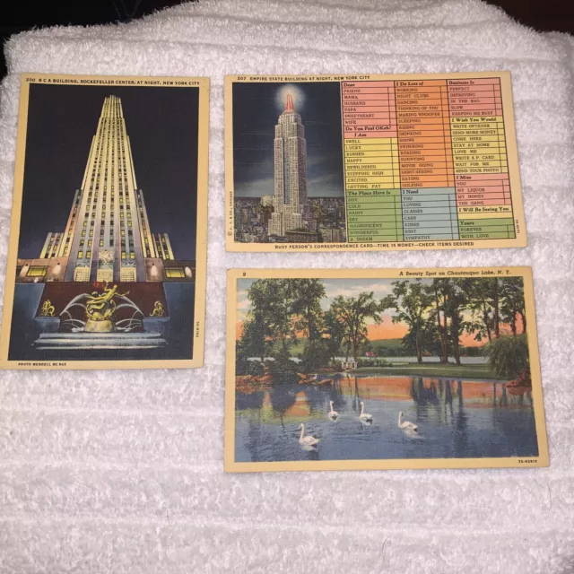 3-Vtg Linen Look New York Postcards Unposted Rockefeller, Empire State, Chautaug