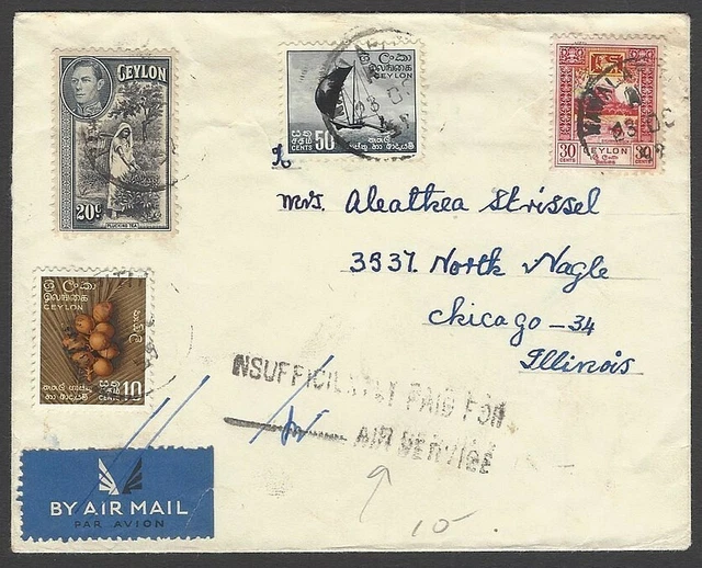 Ceylon 1959 cover to USA with INSUFFICIENTLY PAID FOR AIR SERVICE