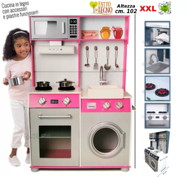 Cucina In Legno Bambini Grande Giocattolo Lavatrice Forno Fornelli Pentole Luci