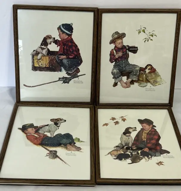 Norman Rockwell Prints Set Of 4 “BOY AND HIS DOG” FOUR SEASONS Wood Frame 8X 10"