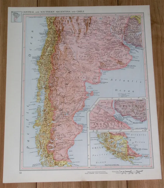 1951 Original Vintage Map Of Southern Argentina Chile Buenos Aires South America
