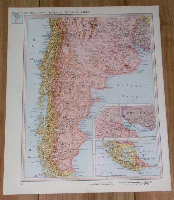 1951 Original Vintage Map Of Southern Argentina Chile Buenos Aires South America