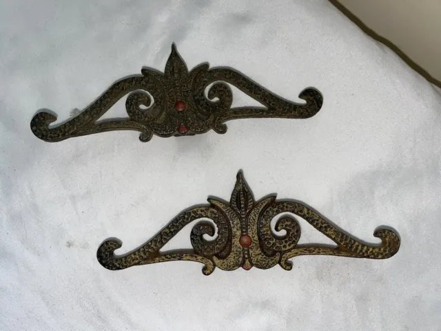Vintage Antique Cast Iron Bronzed Curtain Rod Clips Decorative Topper Set of 2