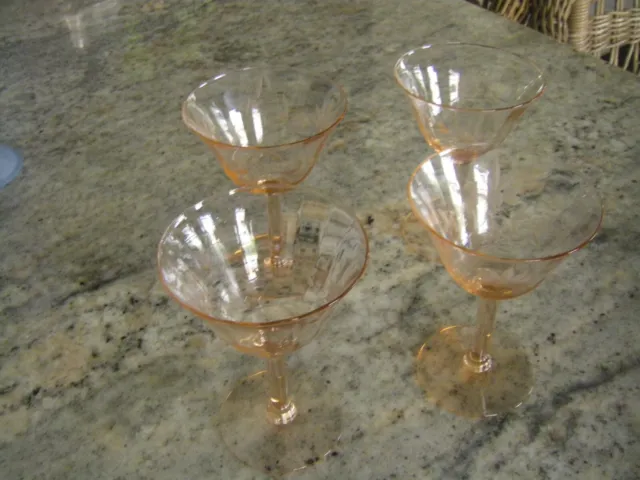 Set of Four (4) Vintage PINK etched (Floral) Cordials or Champagne Glasses