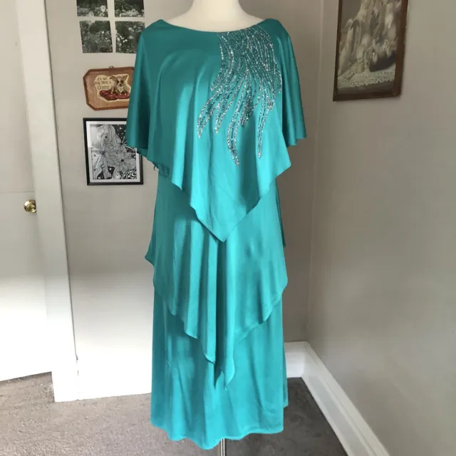 Vintage 80’s Gilberti Dress Large Layered Diamond Teal Glitter Evening Cocktail