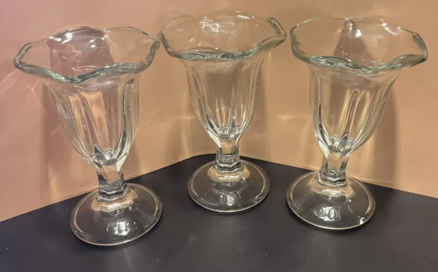3 Vintage Heavy Clear Glass Ice Cream Sundae Dishes - Tulip Shaped