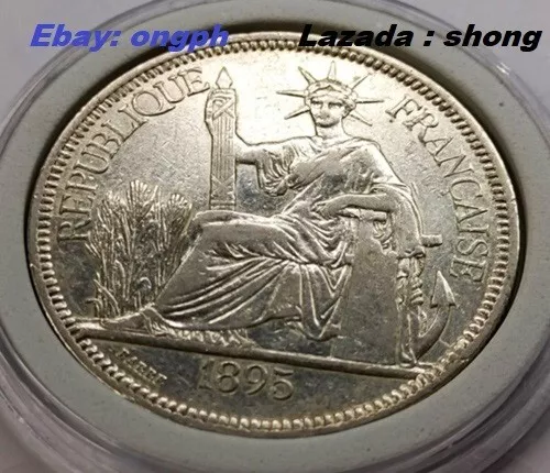 Year 1895 French Indo-China Piastre Silver Coin , Km# 5A , VF