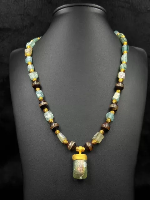 Ancient Roman Glass Sulaimani Banded Agate One Strip & Gold Plated Bead Necklace