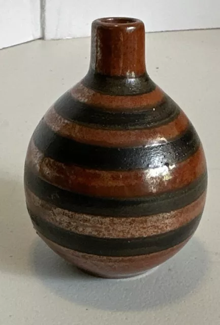 Vintage OMC  Otagiri Japan Pottery Bud Vase Mini 3.5"  Brown Black Strip