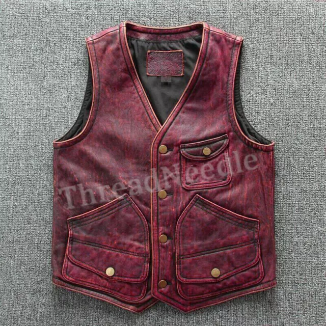 Men's Biker Vintage Burgund Red Distressed Motorcycle Real Leather Vest