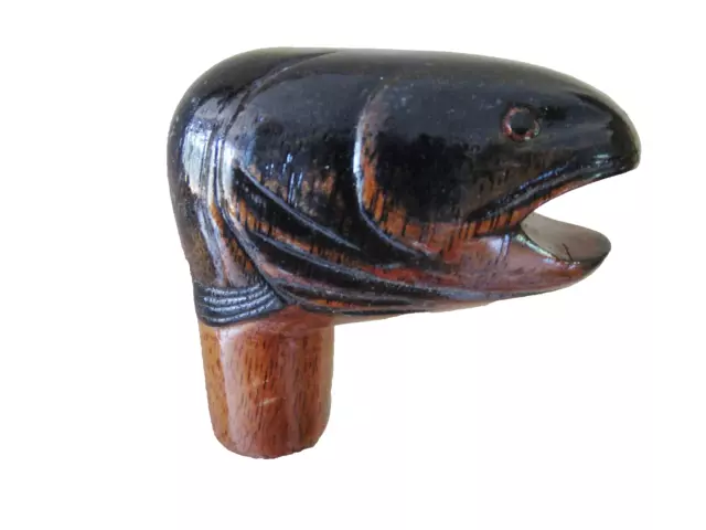 poignée de canne/parapluie -animal en bois sculpté main polychrome - truite