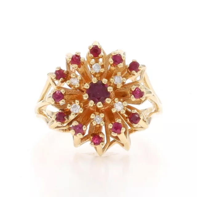 Yellow Gold Ruby Cluster Diamond Cocktail Halo Ring - 14k Round .93ctw Flower