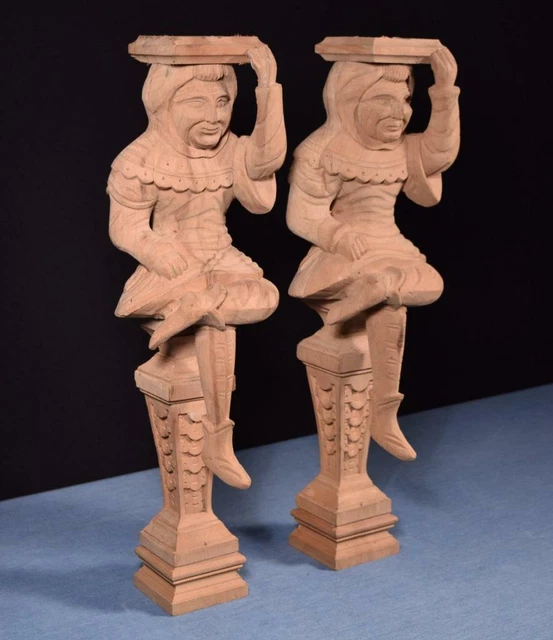 *22" Pair of Vintage Unfinished Oak Figures/Support Posts Pillars Architectural