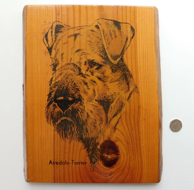 Airedale Terrier vintage picture of a dog on wood made in Germany 11 x 9 inches