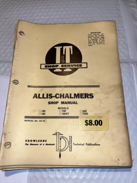 I&T Shop Manual AC-31 Models 180 185 190 190XT 200 7000 - FREE SHIPPING