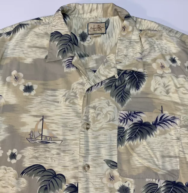 Linguine & Bob Camp Hawaiian Aloha Shirt Sz L Chest 47” Hibiscus Boats Palms EUC