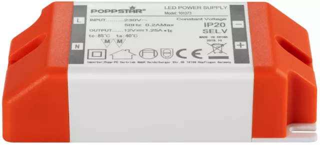 Poppstar - Transformateur 220V AC/12V DC 1.25A jusqu'à 15W, Ballast 12V pour LED 2