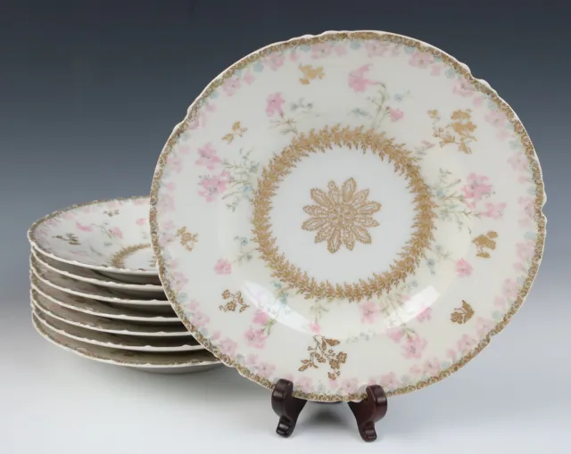 8 Antique Haviland Limoges Porcelain Rimmed Bowls Pink Gold Flowers Soup French
