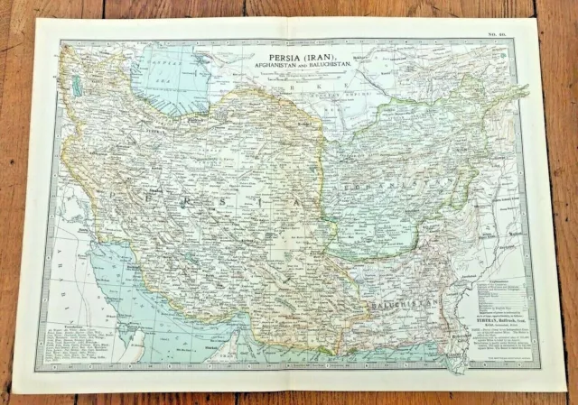 1903 large colour fold out map titled -  persia - afghanistan & baluchistan