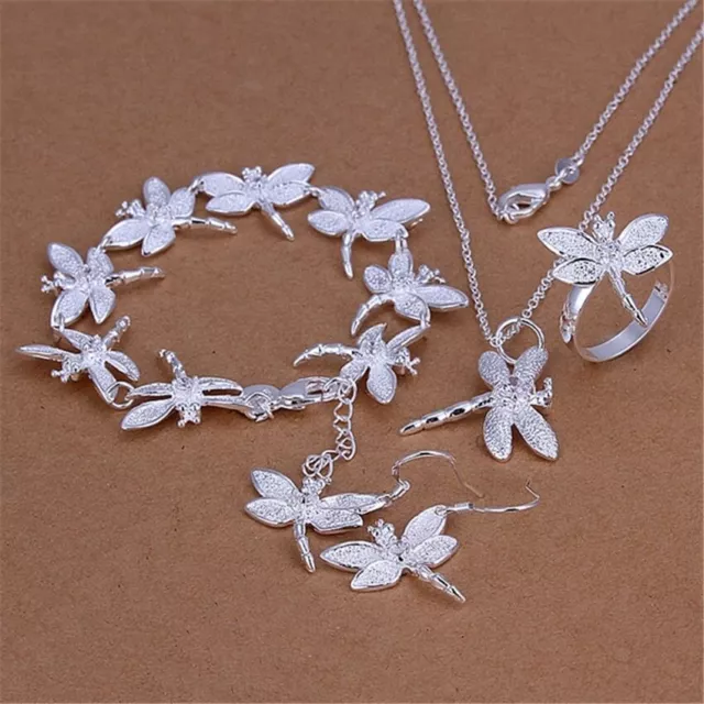 925 sterling Silver set dragonfly necklace earring bracelet rings for women