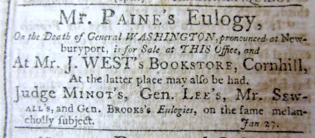 1800 Boston Gazette newspaper w THOMAS PAINE Eulogy on GEORGE WASHINGTON s DEATH