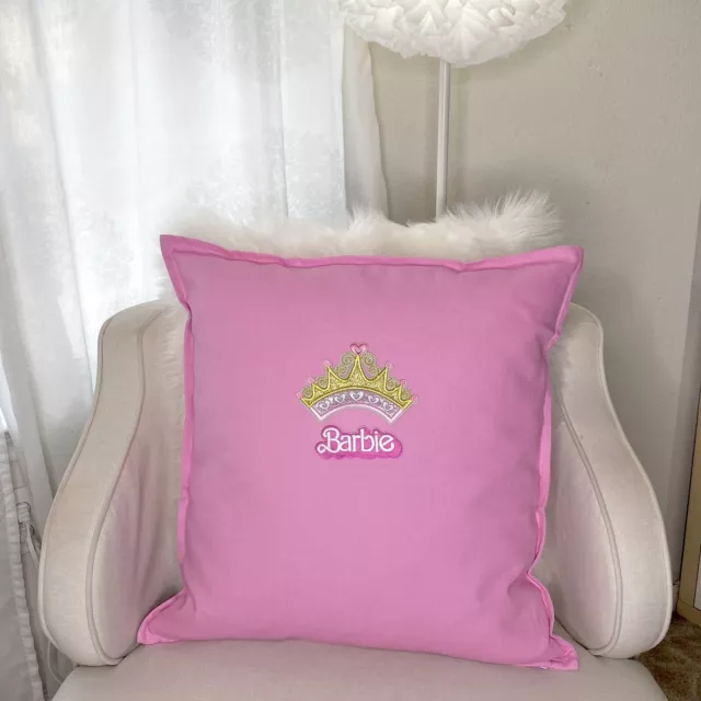 BARBIE  Pink Pillow COVER  w/ Embroidered  Crown Applique Patch   20 x 20 “  NEW