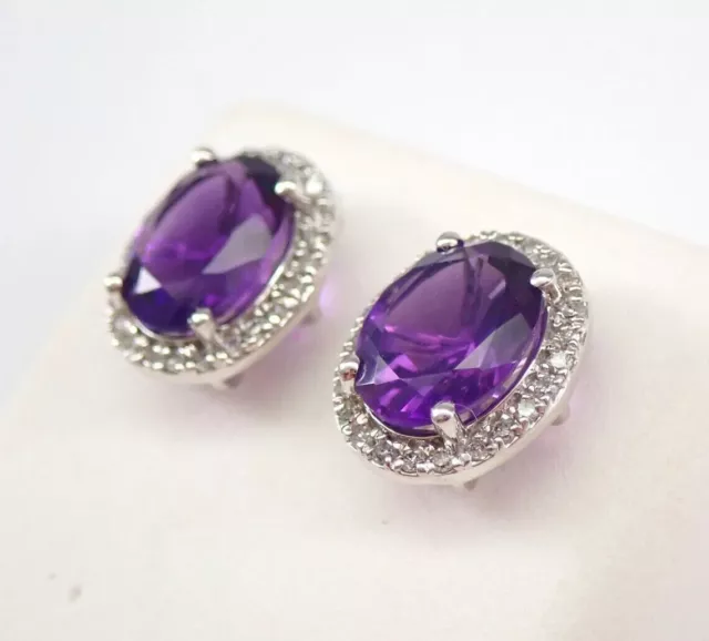 14k White Gold Plated 3Ct Genuine Amethyst Earrings  Purple Gemstone Halo Stud 3