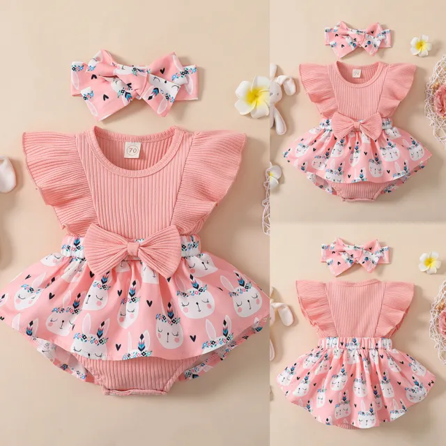 Infant Baby Girls Floral Bowknot Romper Dress Headband Set Summer Clothes Outfit