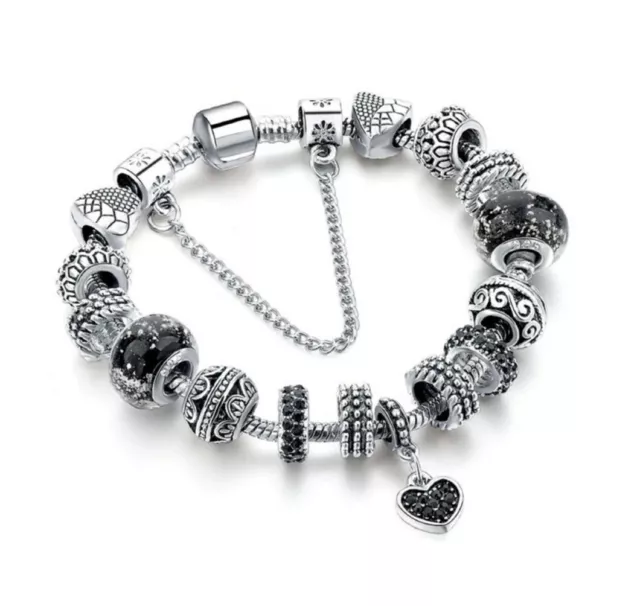 18K Gold Plated Heart Black CZ Murano Charm Bracelet With Metal Element Gift