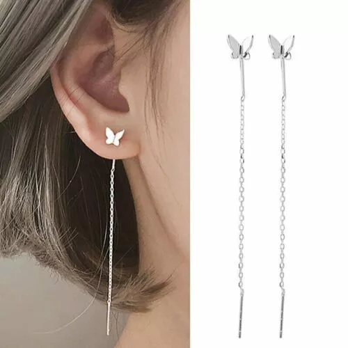 Minimalist Butterfly Long Chain Tassel Dangle Earrings 925 Sterling Silver Gold