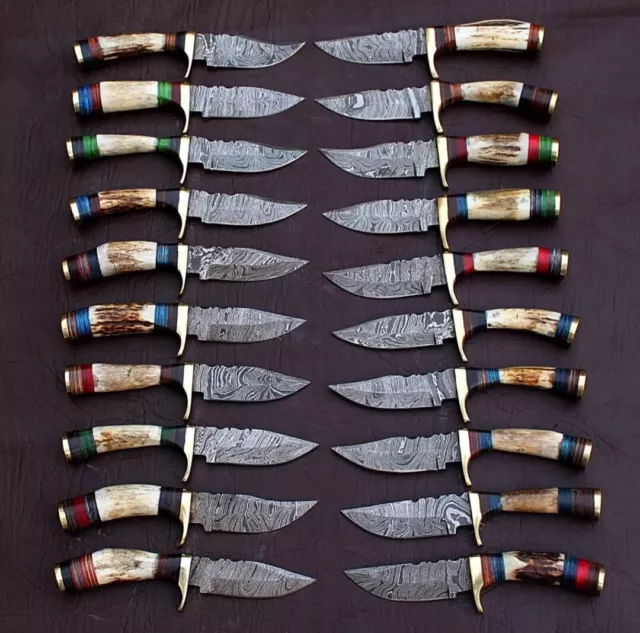 Lot Of 20 Stag/Antler Custom Handmade Damascus Steel Sharpened Edge Fixed Knives 3