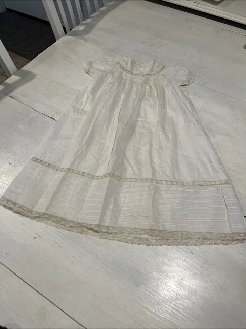 Antique Hand Sewn Baby Christening Gown Ivory W/ Lace Trim~gorgeous!