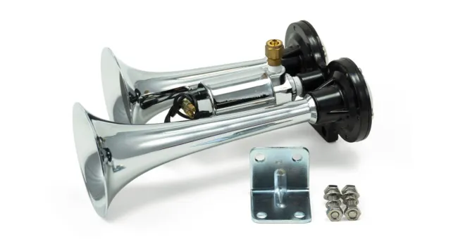 HornBlasters Spocker Loud Chrome Air Horn Set for Semi or Large Truck - Compact