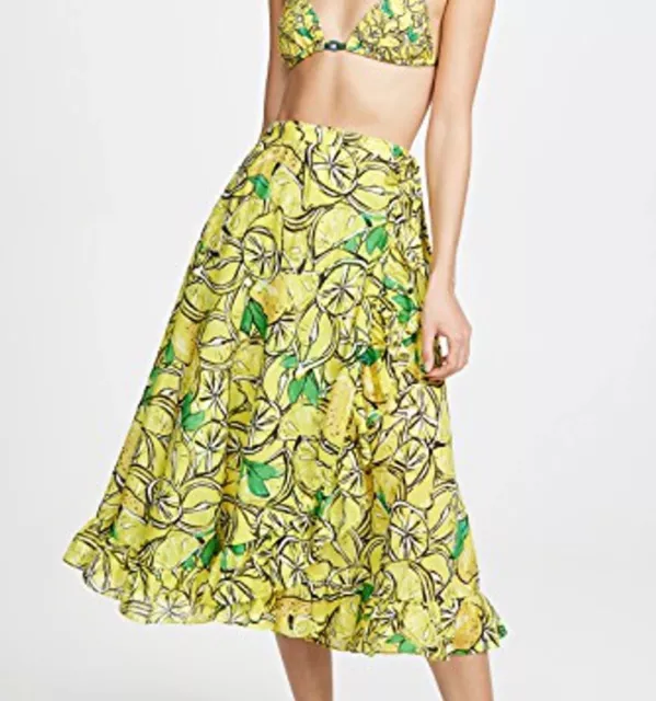 Diane Von Furstenberg Clarissa Cotton Silk Lemon Print Ruffle Wrap Beach Skirt S