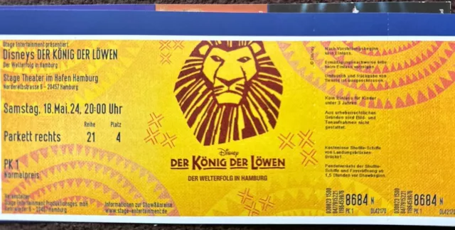 Ticket König der Löwen Hamburg, 18.5.24 20 Uhr