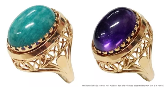 Reversible Fancy 18k Gold 10ct Amazonite 10ct Amethyst Ladies Vintage Flip Ring