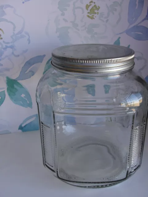 Vintage Hoosier Cabinet 1 Gal Glass Canister Jar Ribbed Waffle Bottom Design Lid