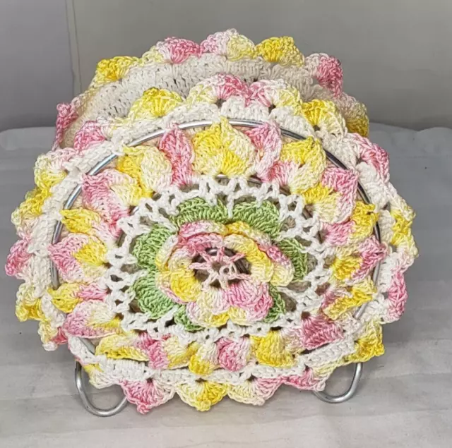 Crochet Rose Napkin Holder Metal Base Shabby Cottage Pink Yellow Green