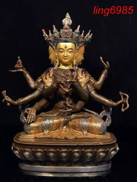 old Tibet bronze gilt 3 Head 8 Arms Namgyalma & Ushnishavijaya Buddha Statue