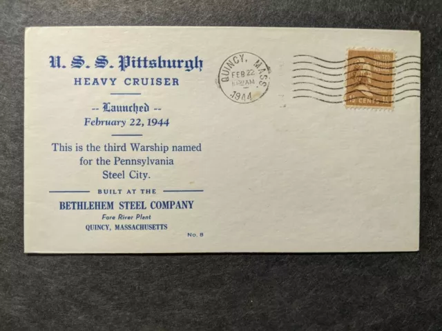 USS PITTSBURGH CA-72 Naval Cover 1944 WWII Launch Cachet QUINCY, MASS