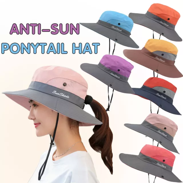 Women Wide Brim Ponytail Hat Sun Protect Visor Summer Beach Cap Anti UV Floppy