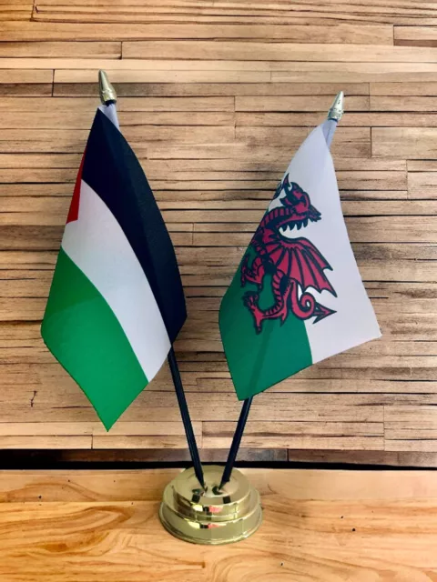 WALES and PALESTINE TABLE FLAG SET 2 flags plus BASE 26cm tall Gaza Palestinian